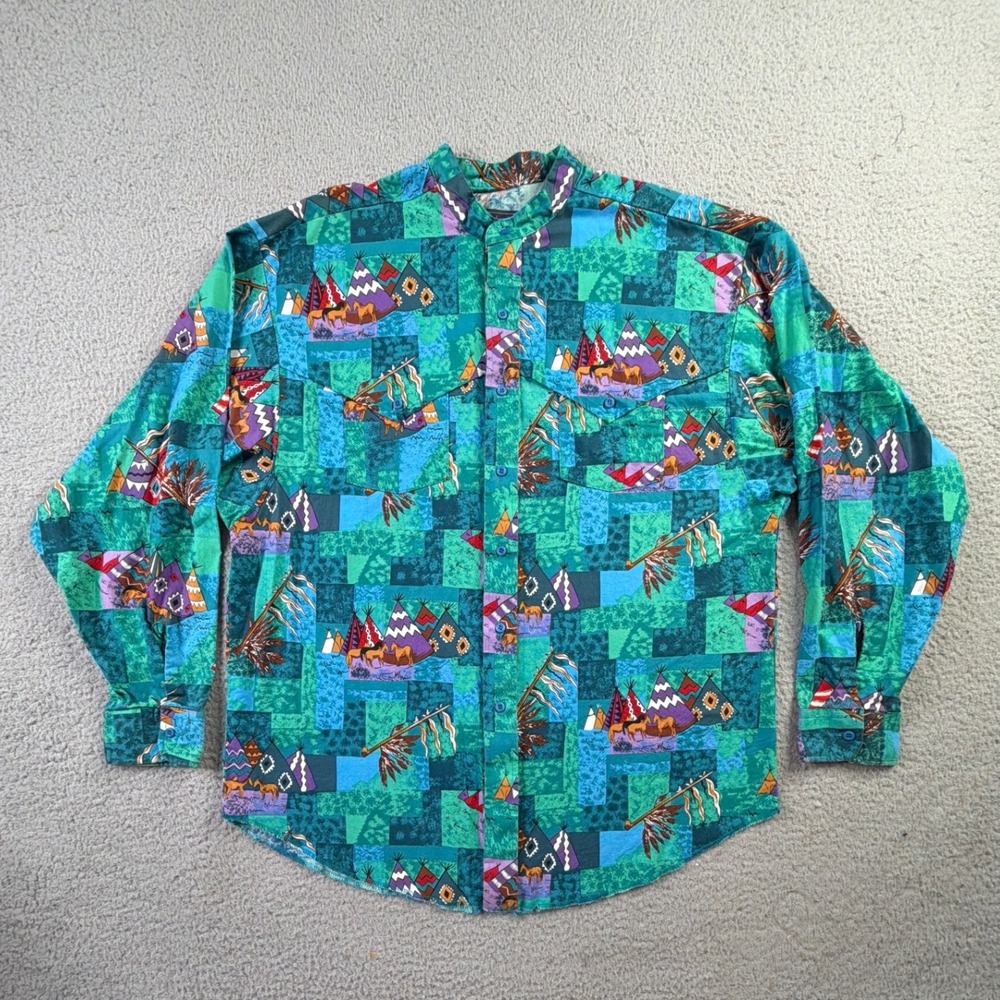 VTG Panhandle Slim Western Shirt Mens L Nehru Collar Indian Horses AOP Button Up